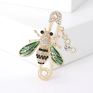 Broche abeille dorée chic avec ailes en émail vert et strass scintillants