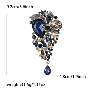 Vintage blue crystal flower brooch with rhinestone clusters and teardrop pendant 9.2cm
