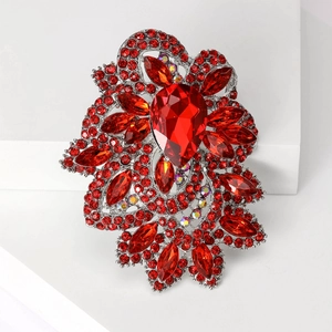 Exaggerated silver crystal brooch with pear-shaped red rhinestones for women outfits