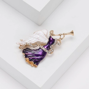 Exquisite golden dancing angel brooch with purple enamel finish and white glitter wings