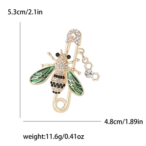Broche abeille dorée avec ailes en émail vert et cristaux clairs, taille 5,3 cm x 4,8 cm