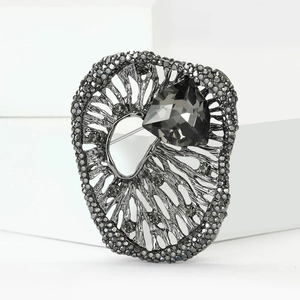 Vintage gunmetal alloy brooch with sparkling grey rhinestones and large crystal for suits