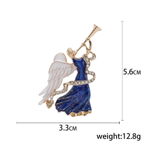 Golden and blue enamel dancing angel brooch with white rhinestones, size 5.6cm by 3.3cm