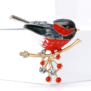 Broche oiseau exquise en émail avec cristaux sur branche dorée pour manteau femme
