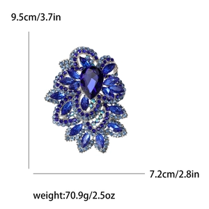 Exaggerated blue crystal flower brooch with water drop stone, sized 9.5cm x 7.2cm