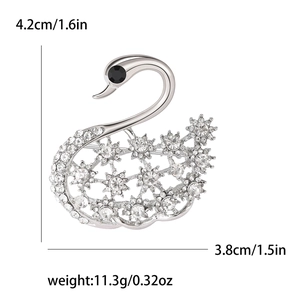 Broche cygne élégante en argent avec cristaux, hauteur 4,2 cm et largeur 3,8 cm