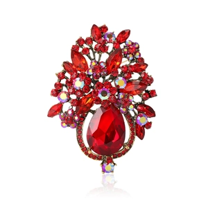 Broche fleur luxueuse en strass rouges avec pendentif pour accessoires de costume femme