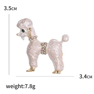 Cute poodle brooch in pink enamel with gold accents and sparkling crystals, 3.5cm x 3.4cm
