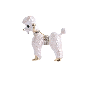 Elegant white poodle brooch with sparkling rhinestones and gold accents on white base