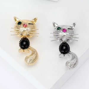 Broche Chat en Alliage à la Mode pour Femmes Épingle Animale en Strass Plaqué Or Argent Décoration de Vêtements Cardigan Bijoux