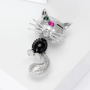 Broche chat mignon en alliage argenté avec yeux en strass et pierre noire décorative