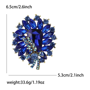 Detailed dimensions of elegant blue crystal brooch with rectangular gemstone and gold plating