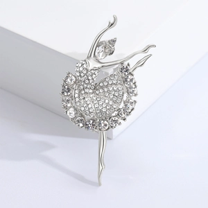 Élégante broche ballerine en métal argenté avec strass brillants pour vêtements femme
