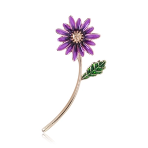 Broche tournesol en émail violet de style japonais avec feuille verte et tige dorée