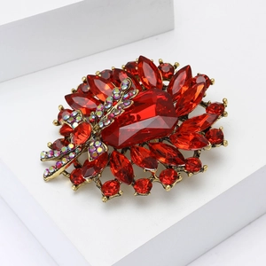 Luxurious red crystal brooch with vintage gold base and colorful rhinestones for suits