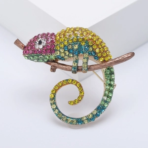 Colorful chameleon brooch pin featuring sparkling crystals on a gold-plated base