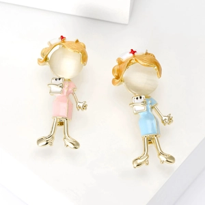 Cute Cartoon Nurse Brooch Alloy Enamel Cat's Eye Stone Pin Pink Blue Medical Professional Uniform Accessory For Women Gift