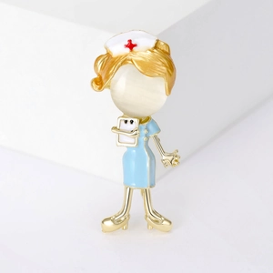 Cute cartoon nurse brooch with large opal stone and gold plating for women's jackets