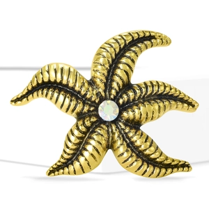 Detailed macro view of a golden starfish brooch with textured arms and a central rhinestone