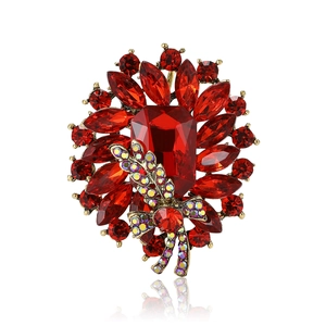 Elegant vintage red crystal flower brooch with rhinestone accents for women suits