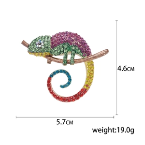 Colorful chameleon brooch pin with crystal rhinestones on branch, size 5.7cm x 4.6cm