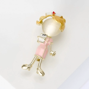 Cute Japanese style nurse brooch in gold alloy with pink and yellow enamel finish