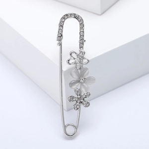 Silver flower brooch safety pin with rhinestones and opal for suit or cardigan decoration