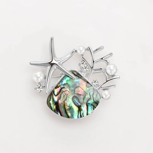 Detail of starfish brooch with iridescent abalone shell, white pearls and crystals