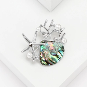 Exquisite Seestern- und Muschelbrosche mit Abalone-Muschel, Perlen und Korallenzweigen