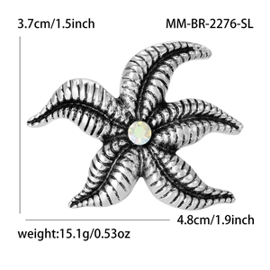 Silver alloy starfish brooch with crystal stone for suits, size 4.8x3.7cm and 15.1g weight