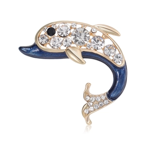 Broche dauphin dorée à la mode avec émail bleu et strass blancs étincelants de qualité