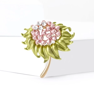 Elegante spilla a fiore di melograno in smalto con perle rosa e strass su base dorata