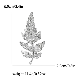 Dimensions détaillées de la broche feuille argentée avec strass blancs, guide de 6,0x2,0 cm