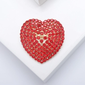 Sparkling red rhinestone heart brooch with golden metal base for women and men