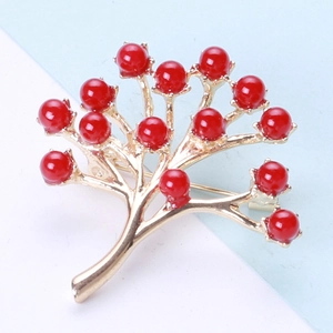 Broche Branche de Feuille en Alliage d'Or Vintage Avec Perles Artificielles Rouges Épingle de Revers en Strass pour Femme