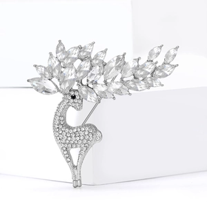 Elegant silver deer brooch with sparkling rhinestones and crystal antlers for women
