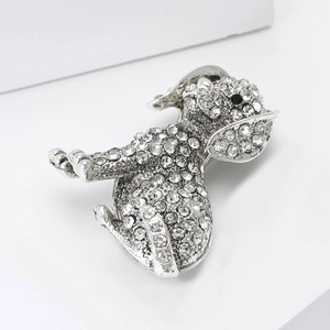 Exquise broche chiot argentée avec strass blancs étincelants pour costumes et manteaux