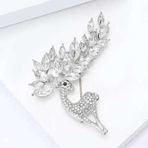 Elegant silver sika deer brooch with sparkling rhinestones and crystal leaf detail
