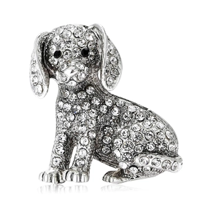 Exquise broche chiot plaquée argent avec strass blancs étincelants et yeux en gemme noire