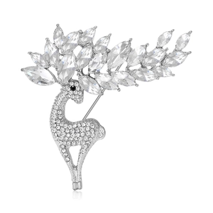 Sparkling silver deer brooch with marquise-cut crystals and pavé rhinestones on a white base