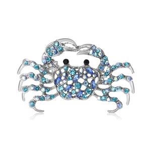 Exquisite crab brooch in silver alloy with blue gradient crystals and black bead eyes
