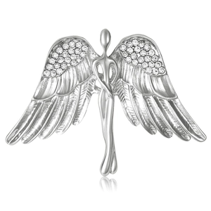 Elegant silver angel wing brooch with sparkling rhinestones for suits and coats