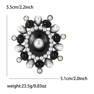 Vintage floral alloy brooch with black enamel, white pearls and size specifications