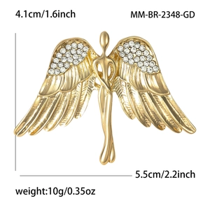 Elegant gold angel wing brooch with sparkling rhinestones for suits and coats