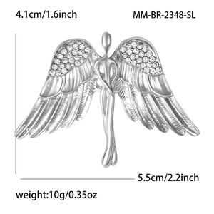 Silver angel wing brooch with sparkling rhinestones, 4.1cm high and 5.5cm wide for jackets