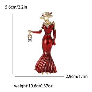 Fashion alloy enamel lady brooch in red dress and hat with size measurements and details