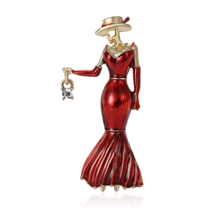 Elegant fashion lady brooch with red enamel dress and sparkling cubic zirconia crystal