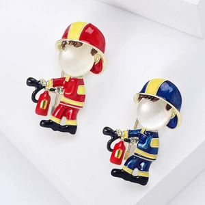 Cartoon Firefighter Brooch Pin Alloy Enamel Cat's Eye Stone Hero Badge For Men Women Kids Fashion Jewelry Gift Accessory