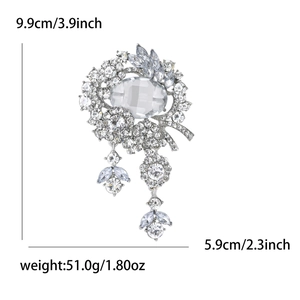 Exaggerated silver crystal flower brooch with rhinestone tassels and size measurements