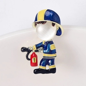 Cute firefighter brooch pin with blue uniform, red fire extinguisher and opal head